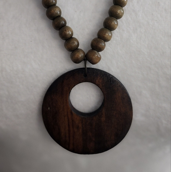 Jewelry - Brown Wood Beaded Necklace with Circular Pendant